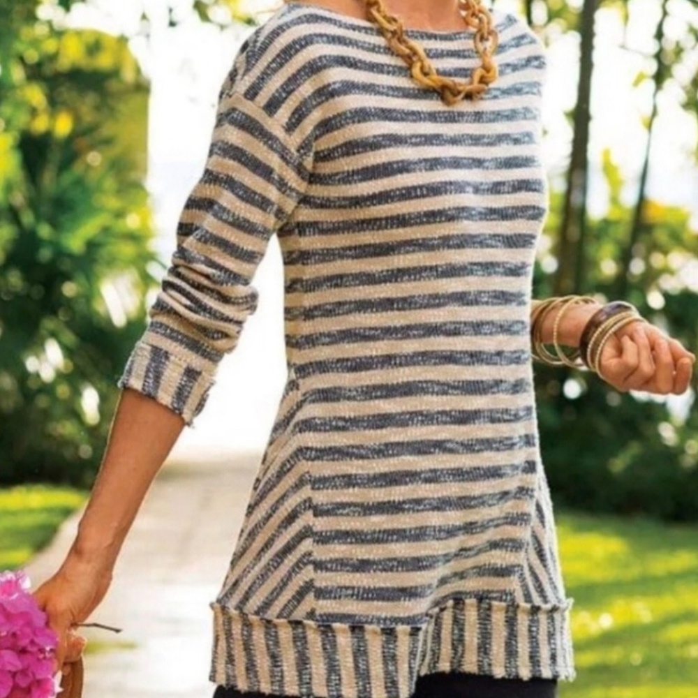 Soft Surroundings Navy Khaki Stripped Marina Pullover Sweater PXS